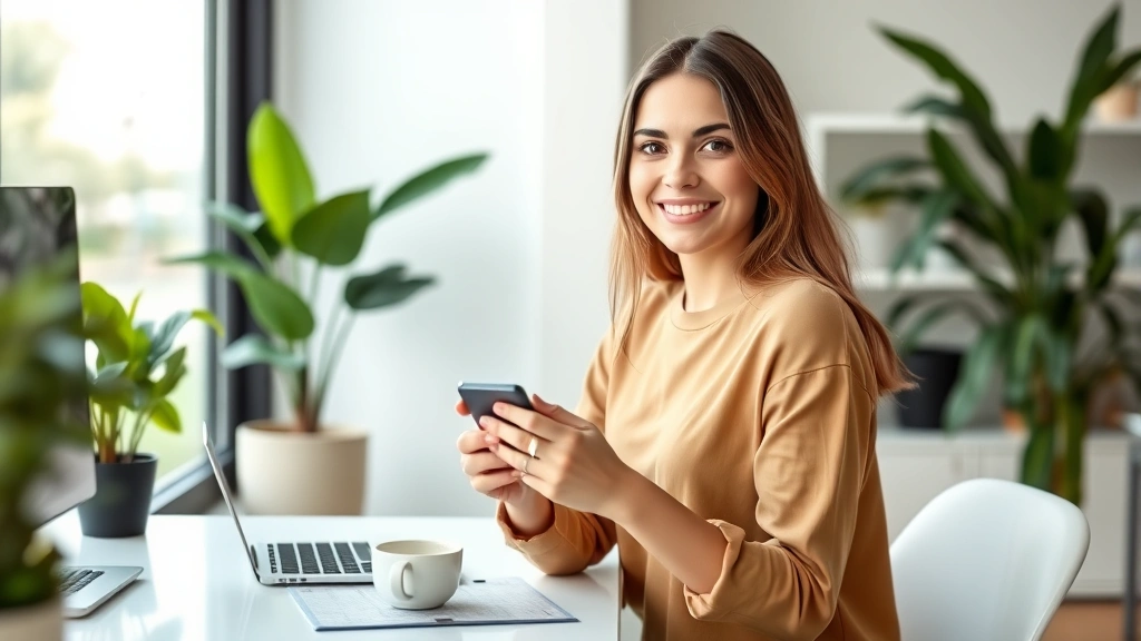 Modern lifestyle scene: woman in bright home office with plants, holding smartphone, smiling at camera, natural lighting from window, contemporary desk setup with coffee cup