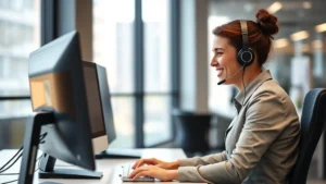 Professional customer service representative in modern office wearing headset, sitting at desk with computer monitor, smiling while assisting caller, bright natural lighting, contemporary workspace