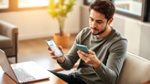 Young professional using Oscar Health mobile app on smartphone, sitting at modern coffee table with laptop nearby, warm natural lighting, casual professional clothing, focused expression checking health records