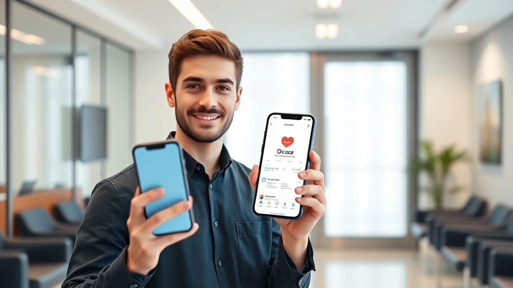 Young professional man holding smartphone showing Oscar Health app interface, standing in bright healthcare clinic waiting room, modern minimalist design, confident expression