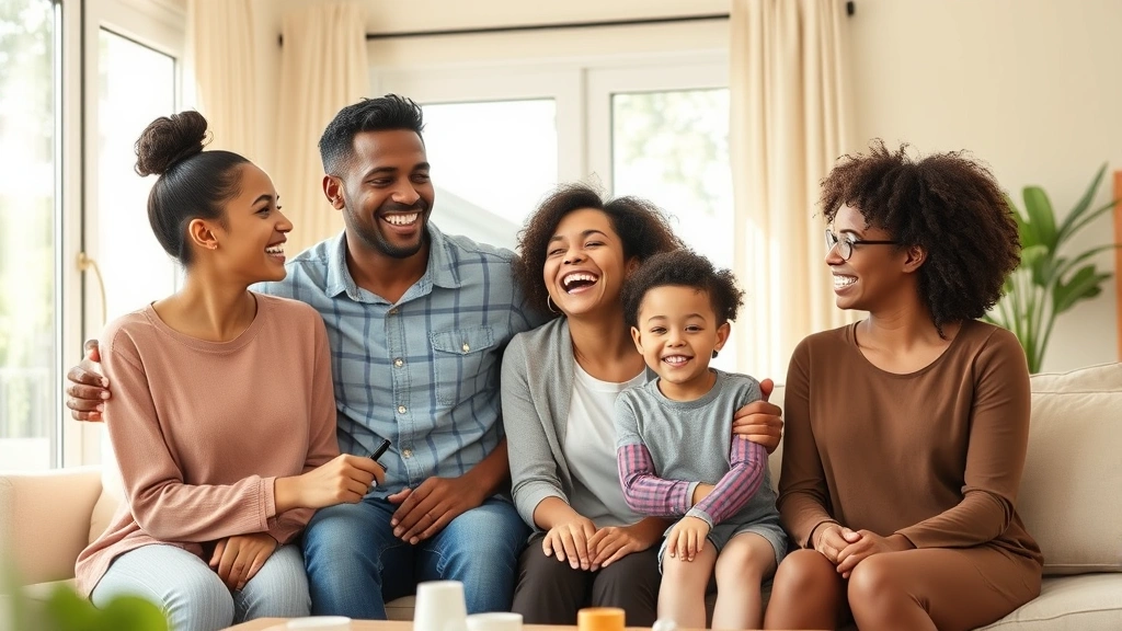 Young diverse family of four laughing together in sunny modern living room, representing health insurance peace of mind and family wellness