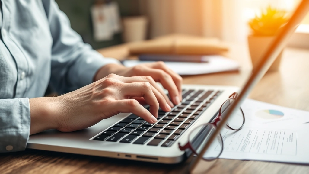 Close-up of hands typing on laptop keyboard with health insurance documents and glasses nearby, warm home office lighting, professional yet relaxed atmosphere