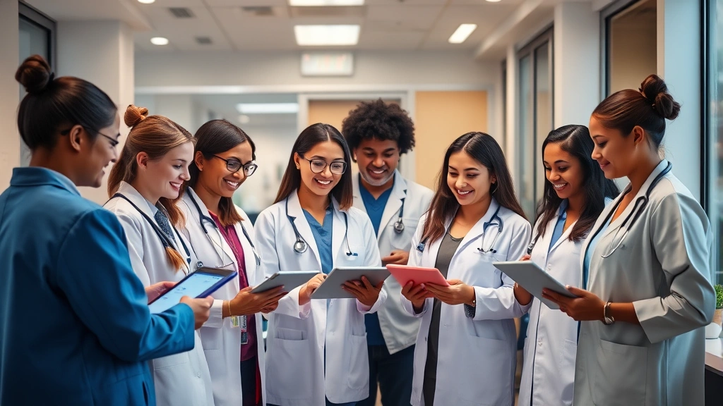 Diverse group of healthcare professionals in modern clinic setting, tablet and computer screens visible, warm welcoming environment, diverse team collaborating around digital healthcare solutions, professional yet approachable atmosphere