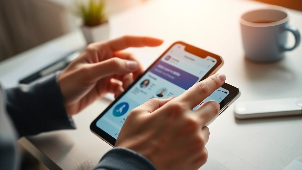 Close-up of hands using mobile health app on tablet, displaying insurance coverage details and claim status, minimalist desk setup with coffee cup, soft warm lighting, contemporary digital wellness lifestyle