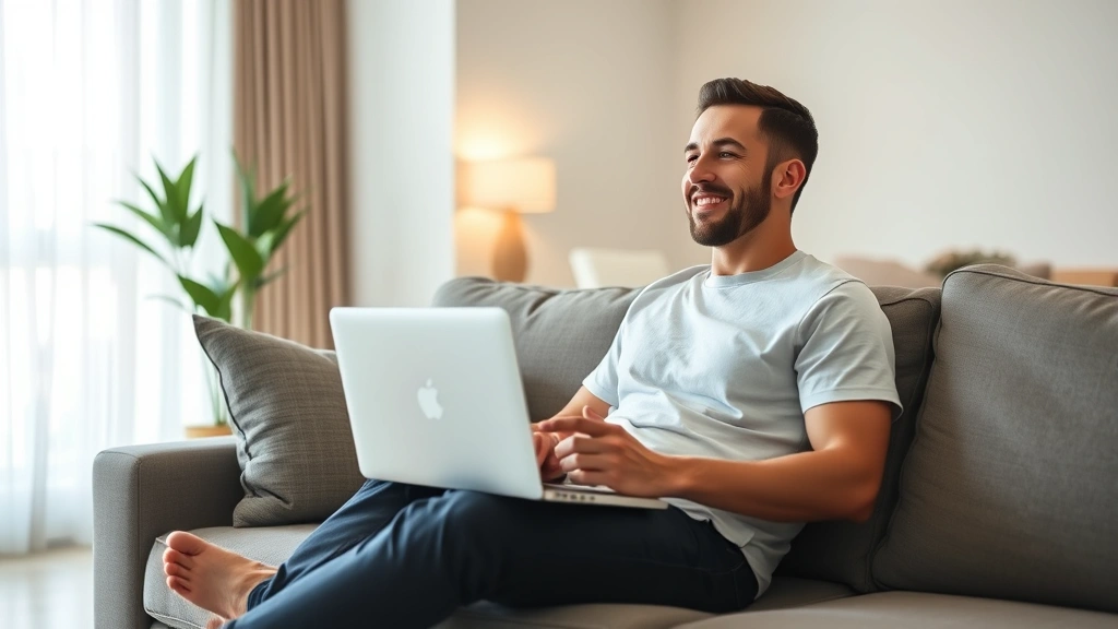 Wellness-focused lifestyle: man sitting comfortably on sofa in minimalist living room, laptop open on lap, relaxed posture, modern apartment with soft lighting and neutral tones