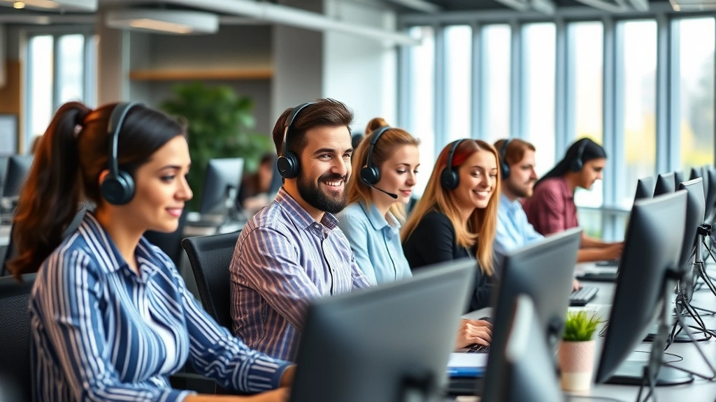 Diverse customer service team in professional office environment, representatives wearing headsets at desks, modern call center with natural lighting, collaborative workspace atmosphere