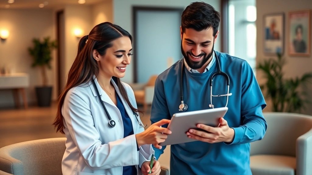 Professional healthcare provider and patient reviewing health records together on tablet in welcoming clinic with warm lighting and comfortable seating