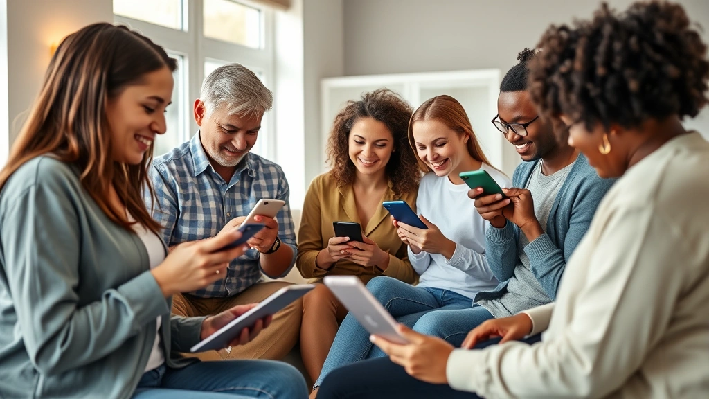 Diverse group of people in casual clothing checking phones and laptops in bright, contemporary living space, representing digital-first health insurance customer service accessibility