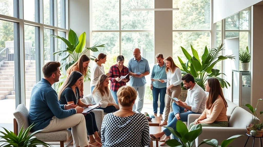 Diverse group of people in modern wellness center with natural light streaming through large windows, comfortable seating, green plants, people relaxing and reviewing health information