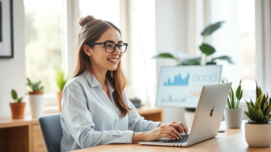 Serene woman in home office wearing glasses, smiling at laptop screen displaying medical charts and health data, modern minimalist workspace with plants, afternoon natural light streaming through window