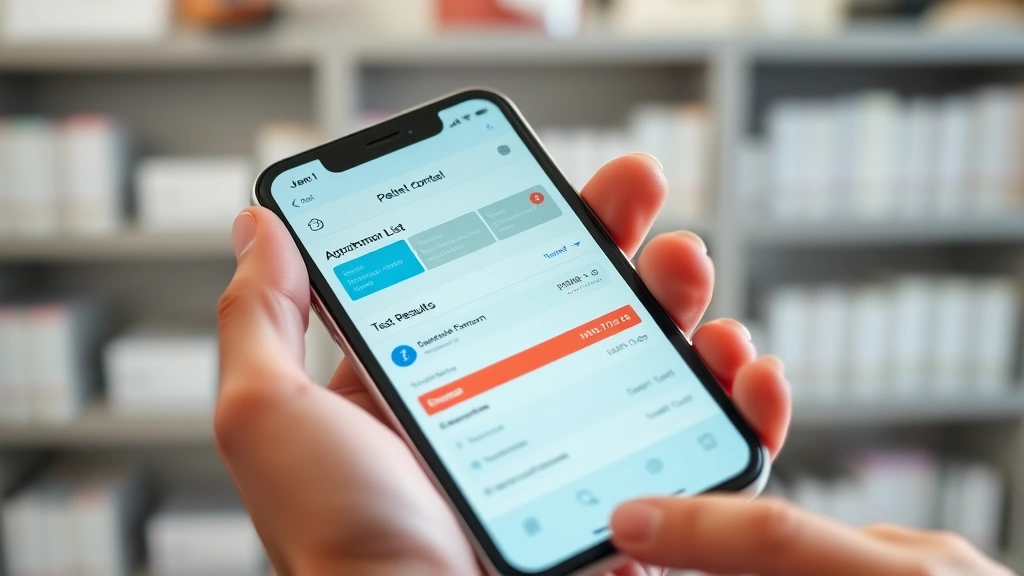 Close-up of hands holding smartphone showing patient portal interface with appointment calendar, medication list, and test results displayed on bright screen, professional healthcare setting background
