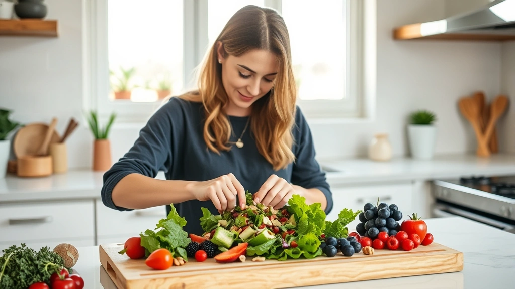 Woman in bright kitchen preparing colorful salad with fresh vegetables, leafy greens, berries, and nuts on wooden cutting board, natural sunlight streaming through windows, healthy lifestyle aesthetic
