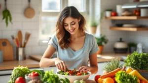 Woman in bright kitchen preparing colorful salad with fresh vegetables, natural sunlight, healthy meal preparation, vibrant lifestyle photography