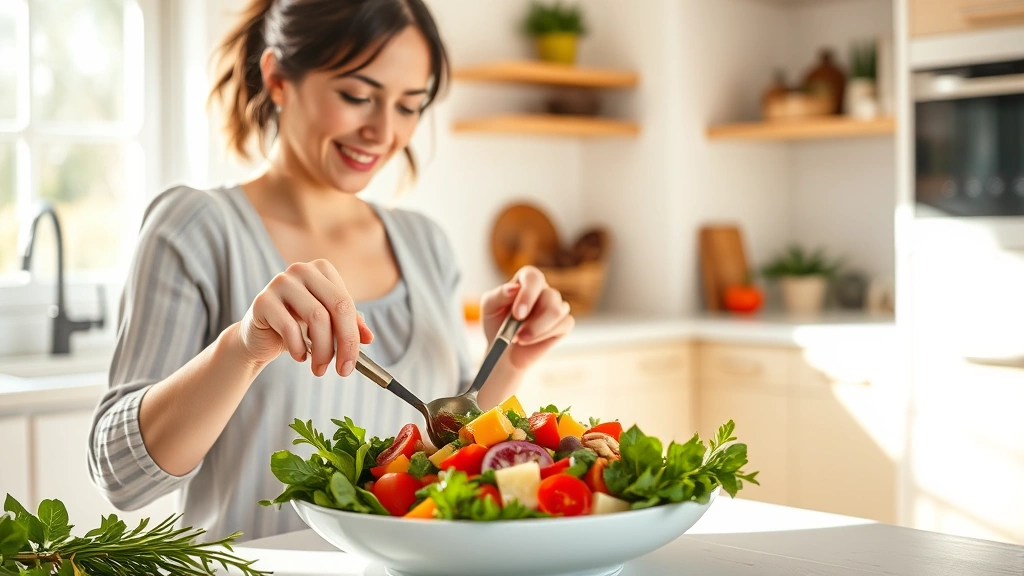 Woman preparing colorful Mediterranean salad with fresh vegetables, leafy greens, olive oil, and nuts in bright kitchen, sunlight streaming through windows, warm and inviting lifestyle photography