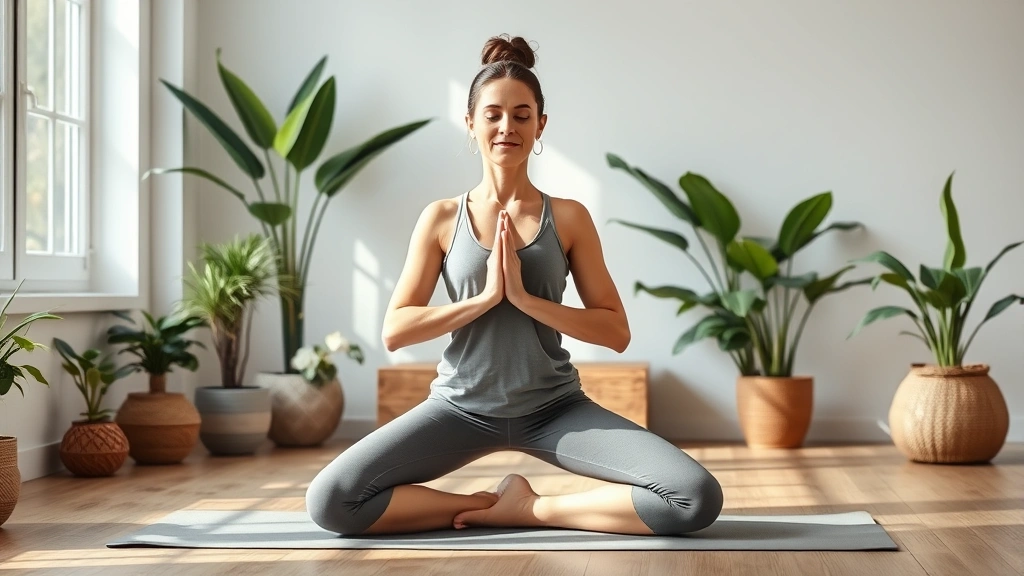 Peaceful woman practicing yoga in serene home studio with plants, soft natural lighting, meditation pose on mat, calm expression, wellness and fertility focus, minimalist background