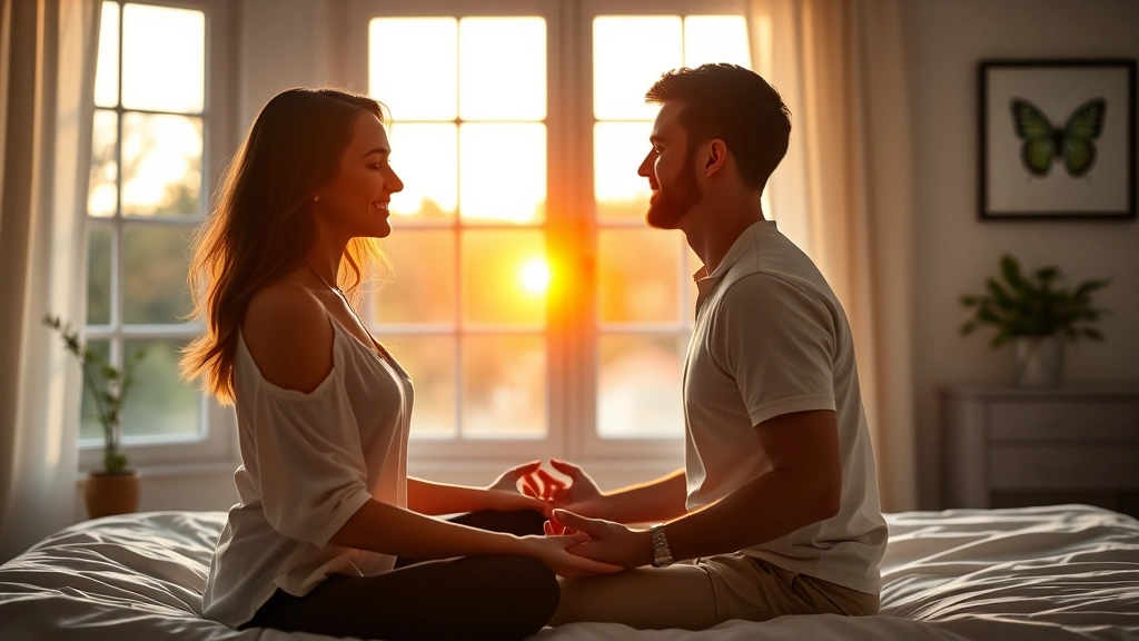 Couple meditating together in serene bedroom at sunrise, peaceful morning light through windows, intimate wellness moment, calm bedroom environment
