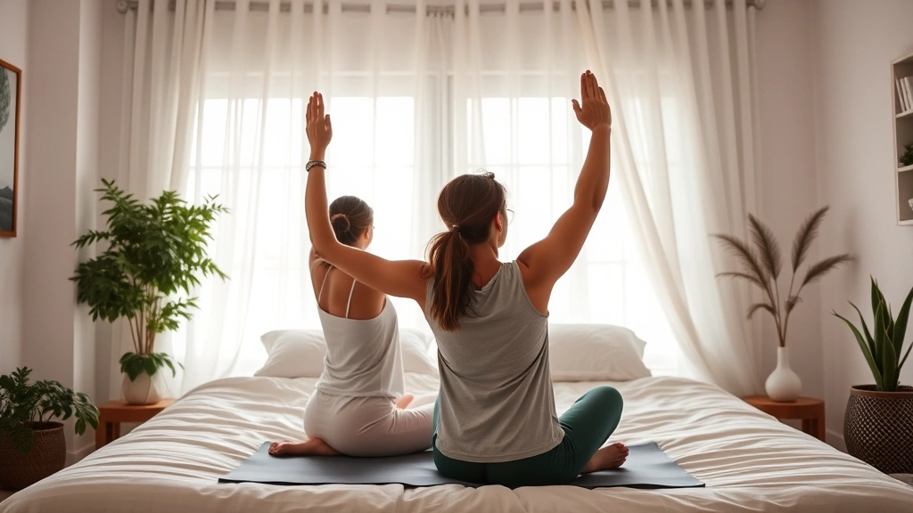 Couple practicing gentle yoga together in serene bedroom with soft lighting, plants, and natural elements, peaceful meditation moment, intimate and supportive wellness scene