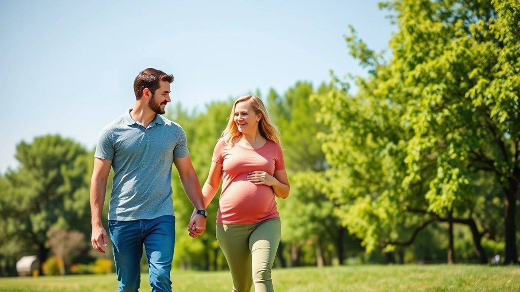 Couple walking together outdoors in green park, holding hands, smiling, active movement in nature, clear blue sky, healthy lifestyle, relationship connection, fertility wellness
