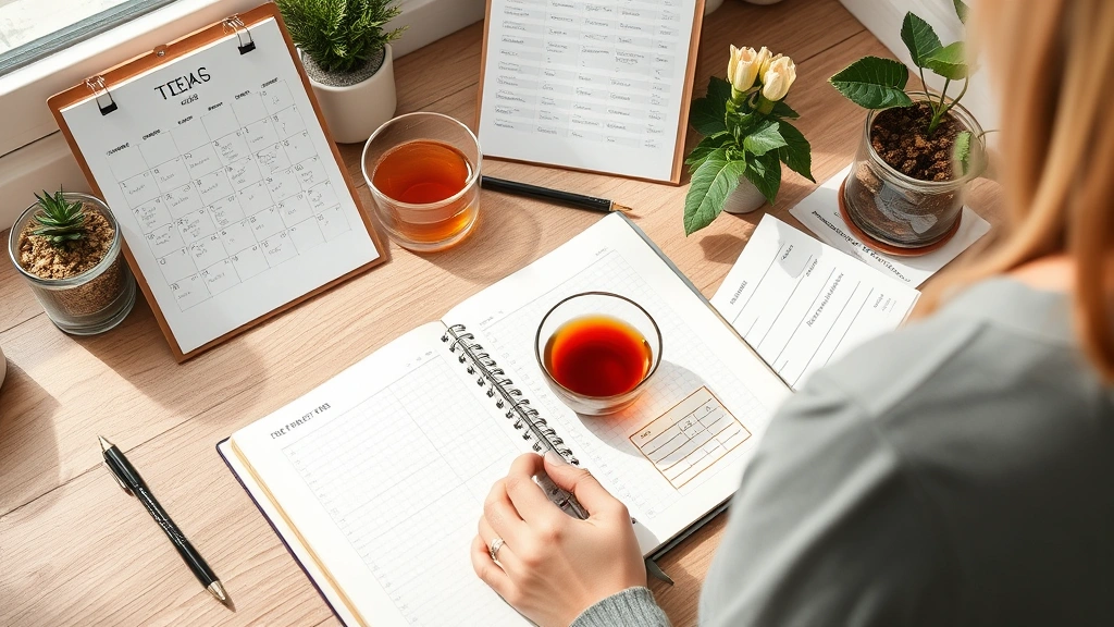 Woman journaling fertility tracking data with temperature chart, calendar, and herbal tea on desk, natural light, organized wellness planning, mindful self-care atmosphere