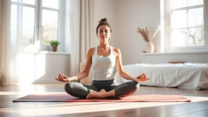 Woman meditating peacefully on a yoga mat in a sunlit modern bedroom, serene expression, minimalist aesthetic, morning light streaming through windows, wellness lifestyle