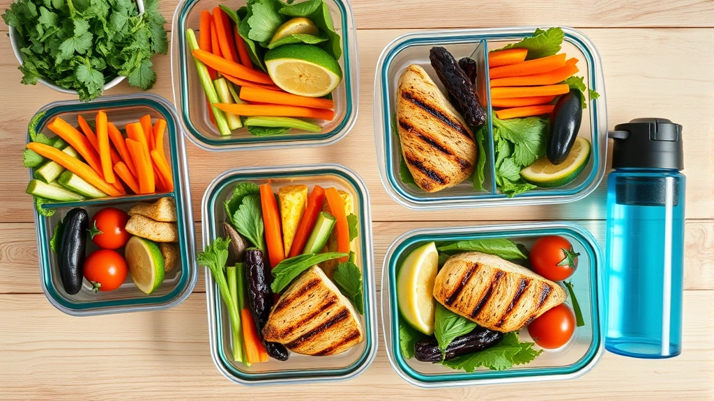 Overhead flat lay of healthy meal prep containers with colorful vegetables, grilled chicken, and water bottle on wooden table, natural daylight, vibrant and nutritious