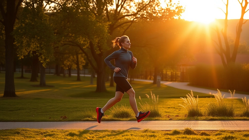 Person jogging through scenic park during golden hour with trees and natural landscape, athletic wear, energetic posture, health and vitality evident, outdoor wellness moment