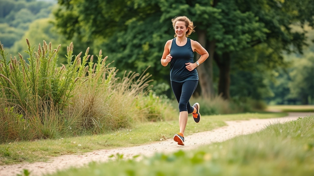 Active person jogging through a green park or trail wearing athletic wear, natural landscape background, energetic movement, outdoor wellness and fitness lifestyle