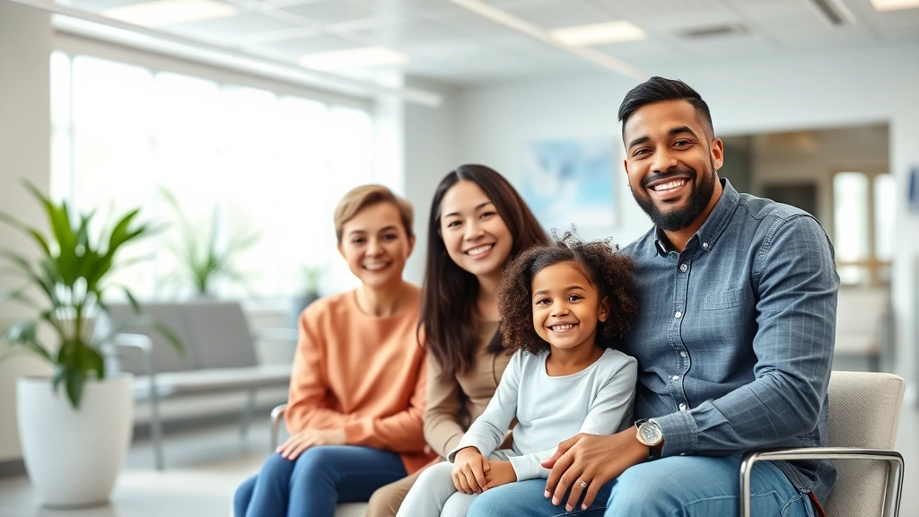 Young diverse family smiling in modern clinic waiting room with welcoming, clean healthcare environment, natural lighting through windows, comfortable seating