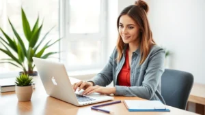 Young professional woman reviewing health insurance documents on laptop at modern home desk, sunlit workspace, confident and focused expression, contemporary lifestyle