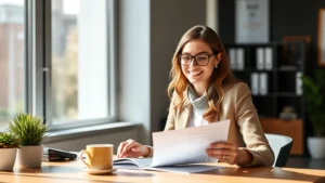 Professional woman reviewing health insurance documents at modern desk, natural lighting, warm coffee cup nearby, confident expression, contemporary office setting
