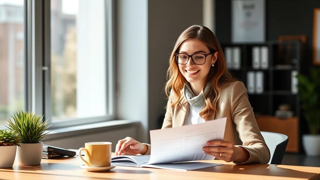 Professional woman reviewing health insurance documents at modern desk, natural lighting, warm coffee cup nearby, confident expression, contemporary office setting