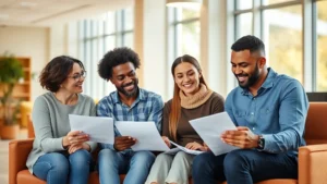 A diverse family of four sitting together in a bright, modern community health center waiting room, smiling while reviewing health insurance documents, warm natural lighting streaming through windows