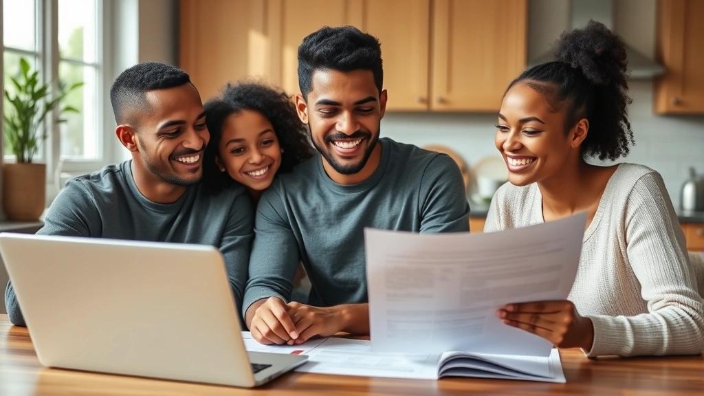 Young diverse family reviewing health insurance documents together at kitchen table, smiling and confident, natural lighting, warm home environment, paperwork and laptop visible
