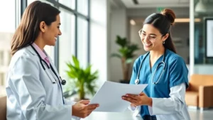 Young professional woman in modern medical office reviewing health documents with smiling doctor, bright natural lighting, contemporary healthcare setting with plants and comfortable furniture