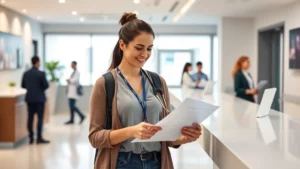 Professional woman in casual clothing reviewing health documents at modern clinic reception area, warm lighting, approachable healthcare environment, diverse staff visible in background