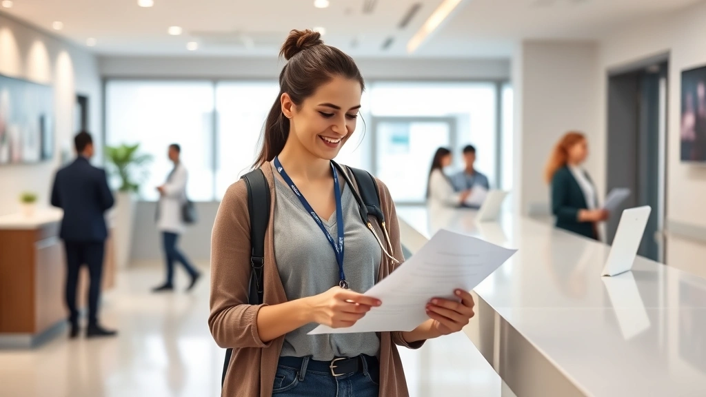 Professional woman in casual clothing reviewing health documents at modern clinic reception area, warm lighting, approachable healthcare environment, diverse staff visible in background