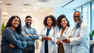 Modern diverse professionals in bright medical office consulting with healthcare provider, warm lighting, contemporary wellness clinic interior, people smiling confidently