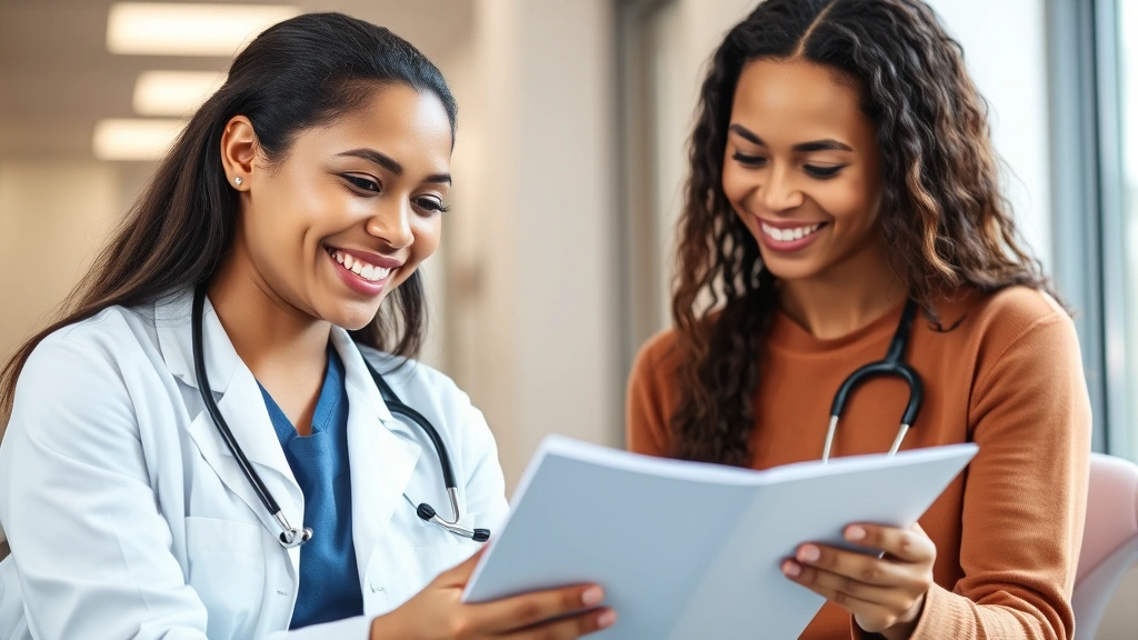 Young diverse woman smiling during annual wellness visit with doctor in modern clinic, both reviewing health records together, bright natural lighting, professional healthcare setting