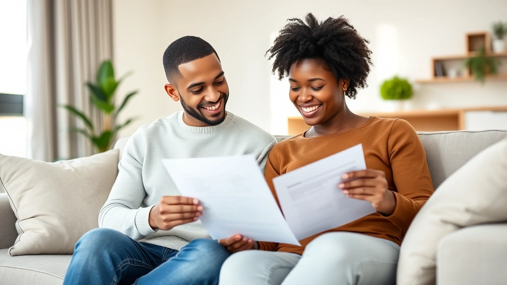 Young diverse couple reviewing health insurance documents together at home on comfortable couch, smiling, holding papers and tablet, bright natural lighting, modern apartment interior