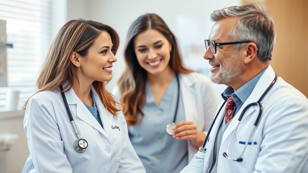 Woman in professional attire consulting with male doctor during checkup, stethoscope visible, both appearing engaged and caring, bright medical office setting