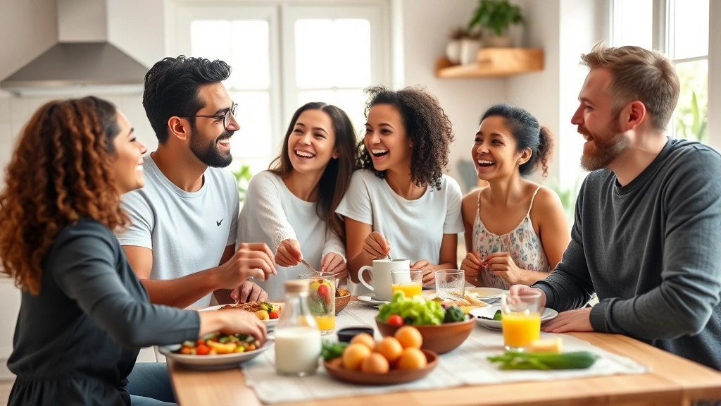 Diverse family of four laughing together in bright kitchen during breakfast, warm natural lighting, health-conscious fresh food on table, happy home environment