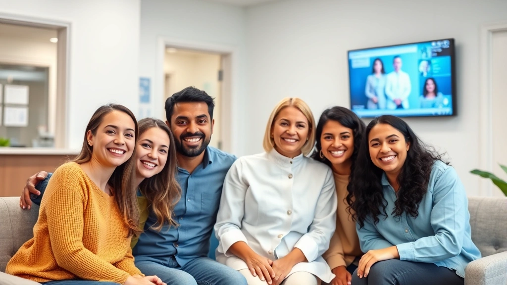 Diverse family group in bright medical clinic waiting room, smiling together, diverse ages and ethnicities, welcoming healthcare environment, digital health screens visible