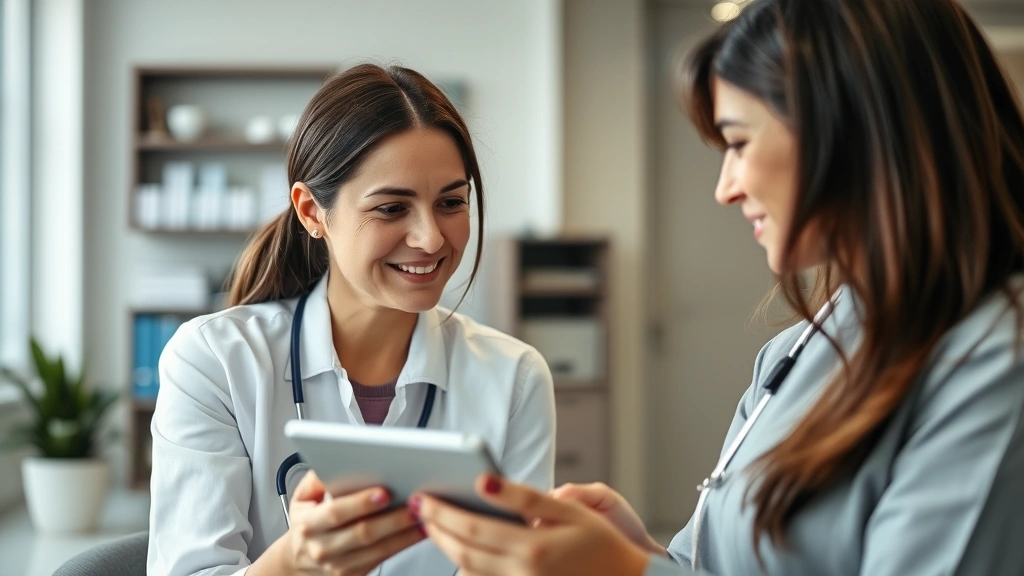 Close-up of a patient consulting with a caring female healthcare provider in a contemporary clinic setting, both looking at a tablet displaying health information, professional but warm atmosphere