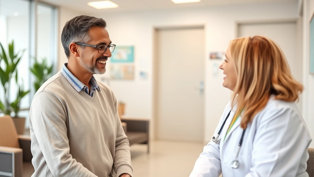 Healthcare provider in white coat warmly greeting middle-aged patient in modern clinic waiting room, welcoming atmosphere, diverse representation, professional yet comfortable setting