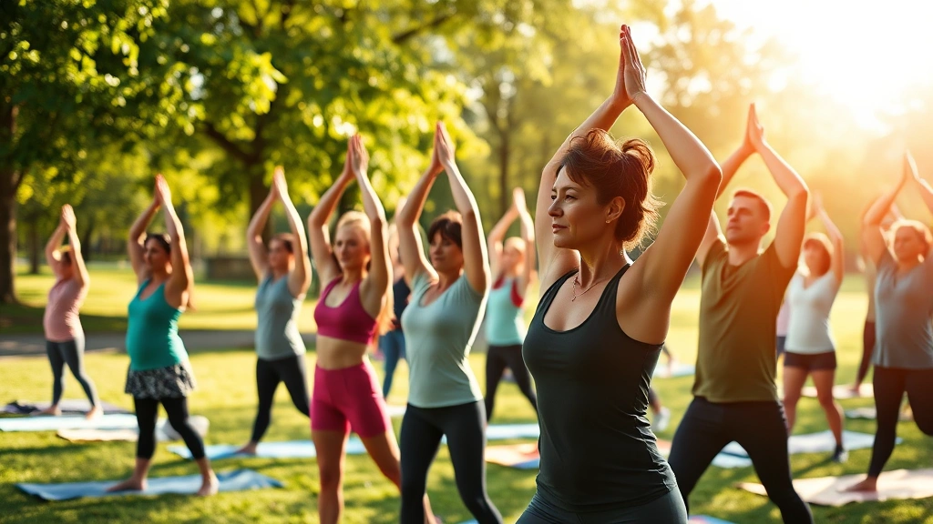 Diverse group of people at outdoor wellness event doing yoga and stretching exercises in park, morning sunlight, health-conscious lifestyle, natural green environment with fitness focus