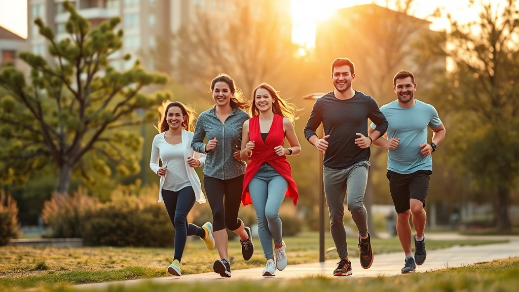 Active diverse family jogging together in urban park during golden hour, healthy lifestyle, community wellness, natural outdoor setting, genuine happiness and vitality