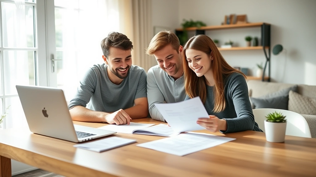 Young family at home reviewing health insurance documents together, natural daylight, laptop and papers on clean table, relaxed welcoming atmosphere