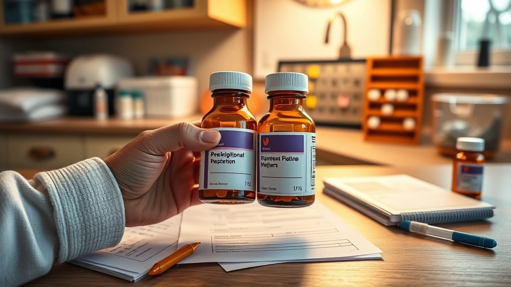 Close-up of hands holding medication bottles and prescription paperwork on kitchen counter, warm home lighting, organized pharmacy setup with calendar