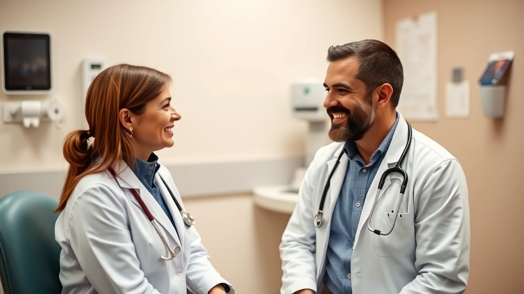 Female doctor in white coat speaking with male patient during preventive care visit in clinic examination room, both smiling, professional warm environment, stethoscope visible