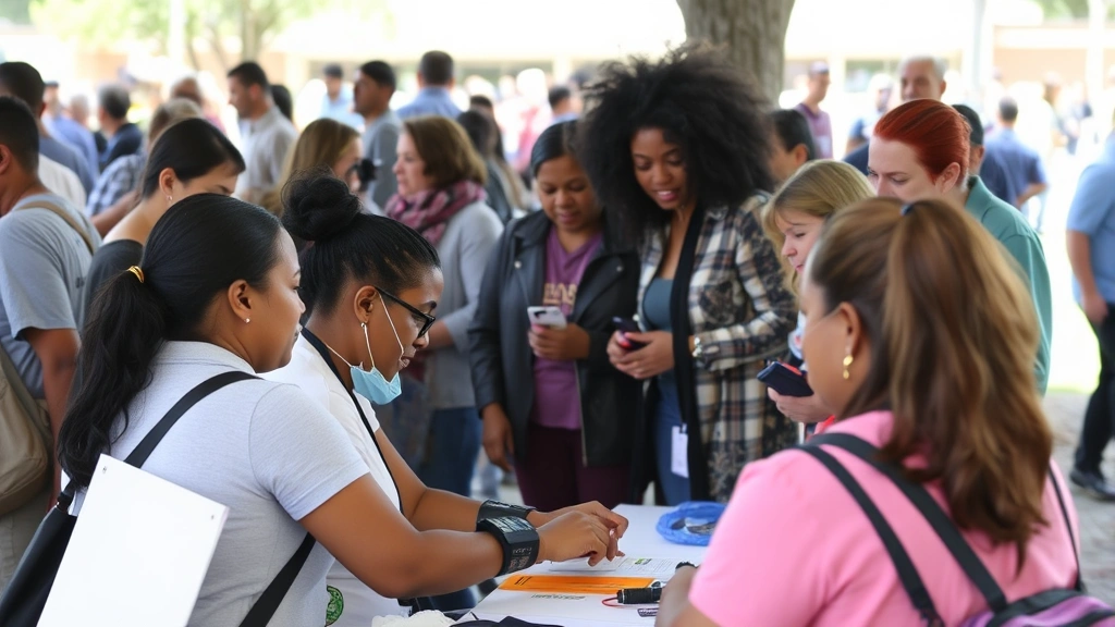 Group of people of various ages at community health fair, checking blood pressure and health screenings, diverse representation, outdoor wellness event atmosphere